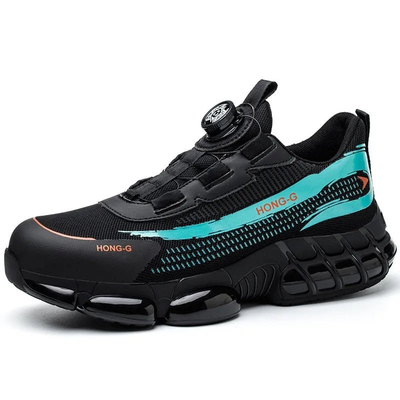 Low-top Flyknit safety work shoes with front lacing and a steel toe cap in black grey colour.