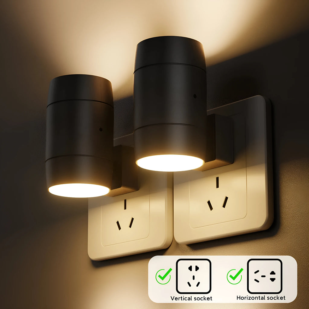 White plug-in rotatable night lamp with induction sensor and adjustable brightness control dial.