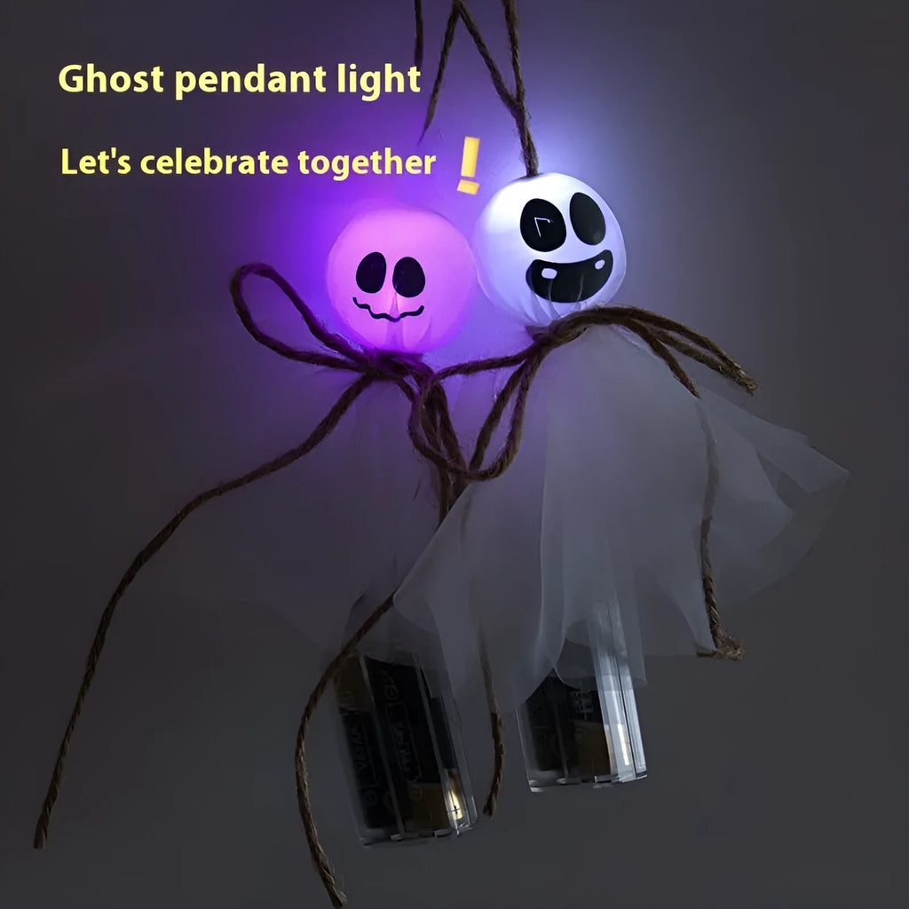 Halloween LED lighting chain with colourful ghost-shaped lights and battery box