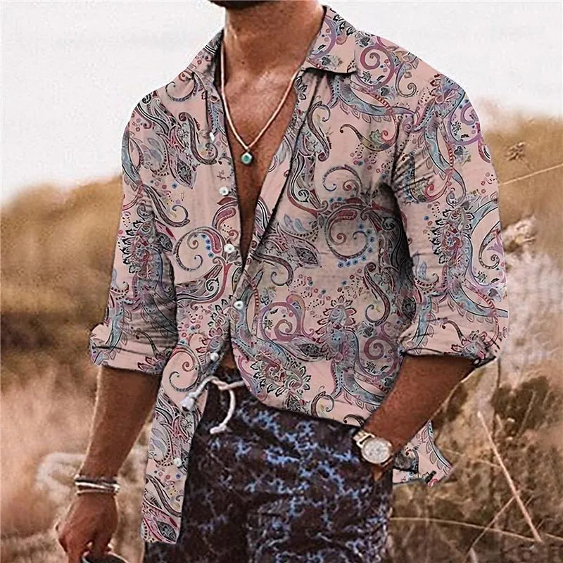 Men's loose-fit long-sleeve shirt with a detailed 3D floral pattern in a blue colour variant.