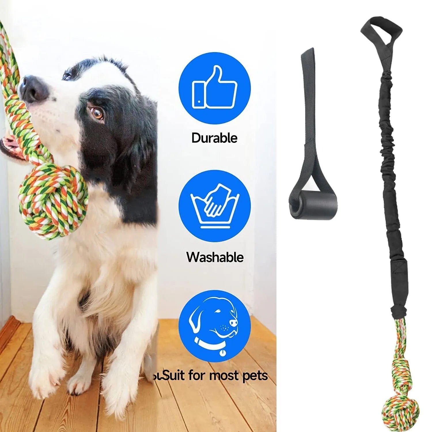 Cotton thread dog tug of war rope toy in black, grey, or red colours for chewing and interactive play