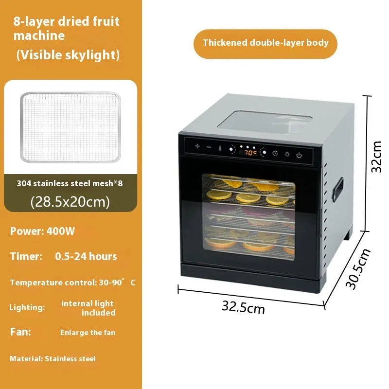 Stainless steel fruit dehydrator with visual skylight showing stacked drying trays inside