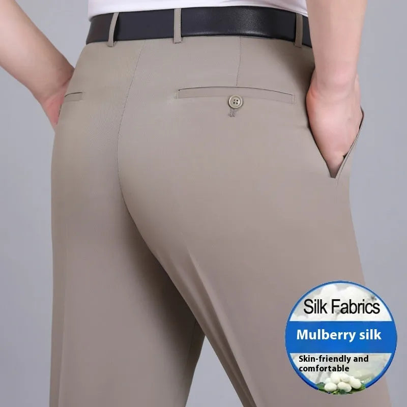 Men's mulberry silk blend business trousers in straight cut with high waist