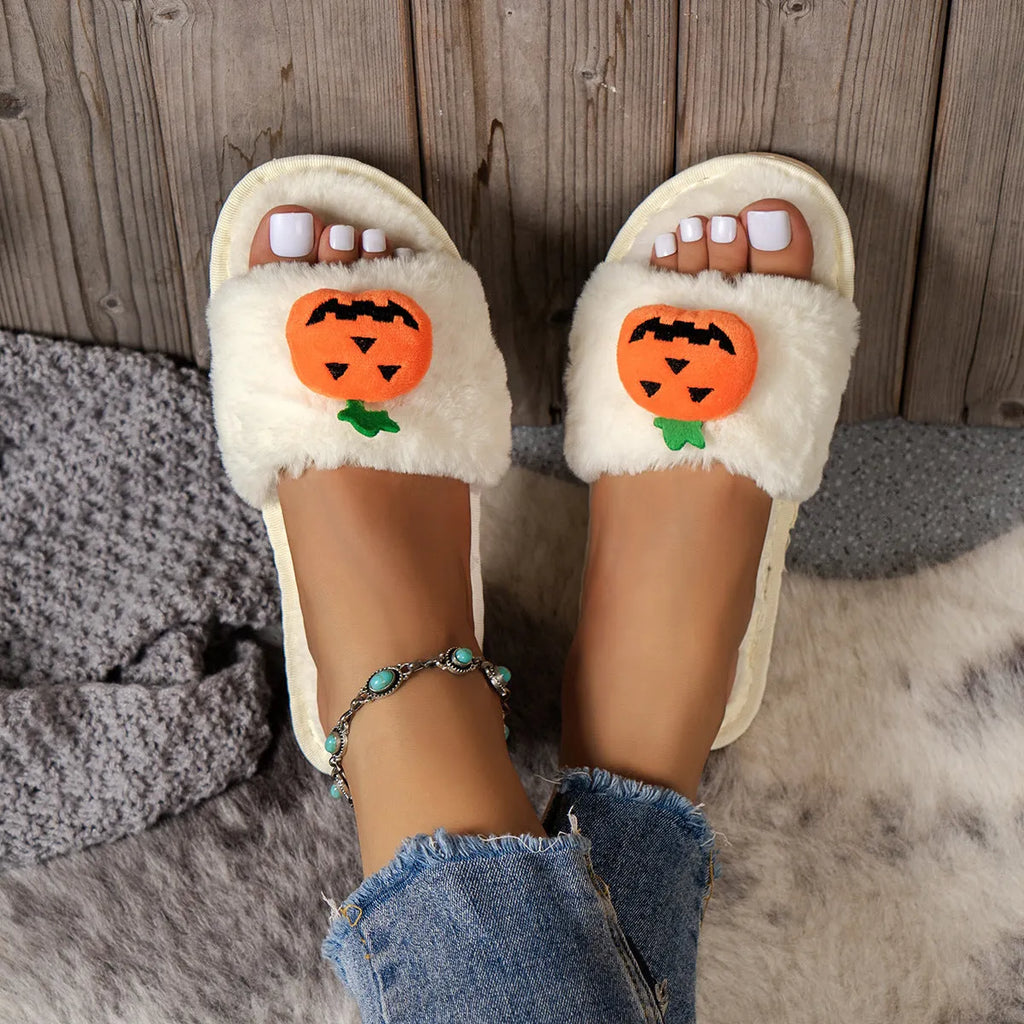 White and yellow Halloween pumpkin cartoon design open-toe plush slippers with synthetic fur.