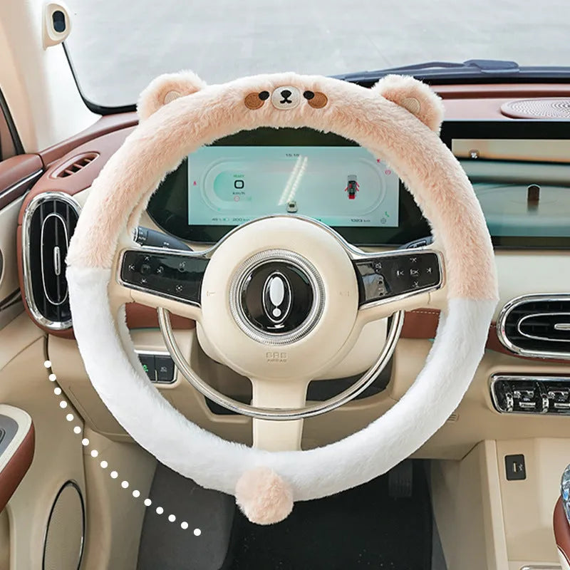 Plush car steering wheel cover with embroidered animal design for winter thermal insulation