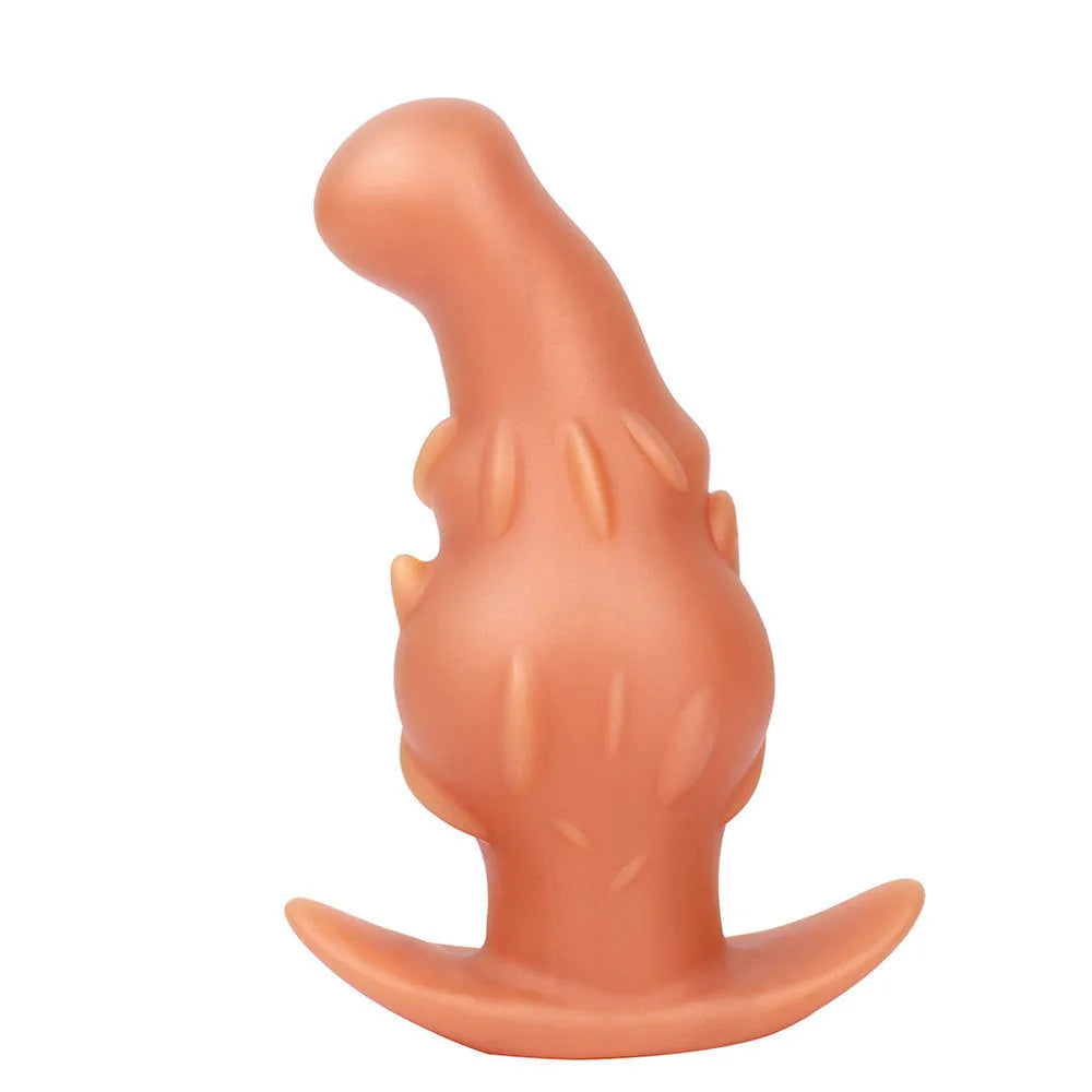 A purple, gold, or black silicone masturbator for adults, shown with size options S, M, L, and XL.