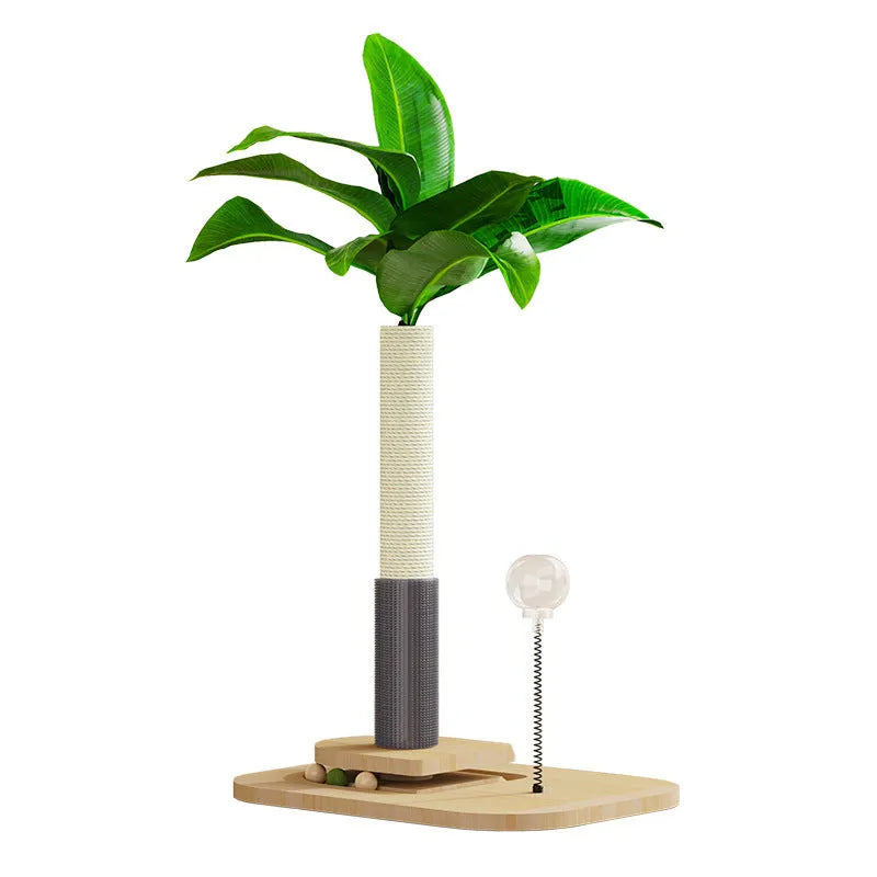 Wooden vertical cat scratching post in canna green colour with food drop ball feature