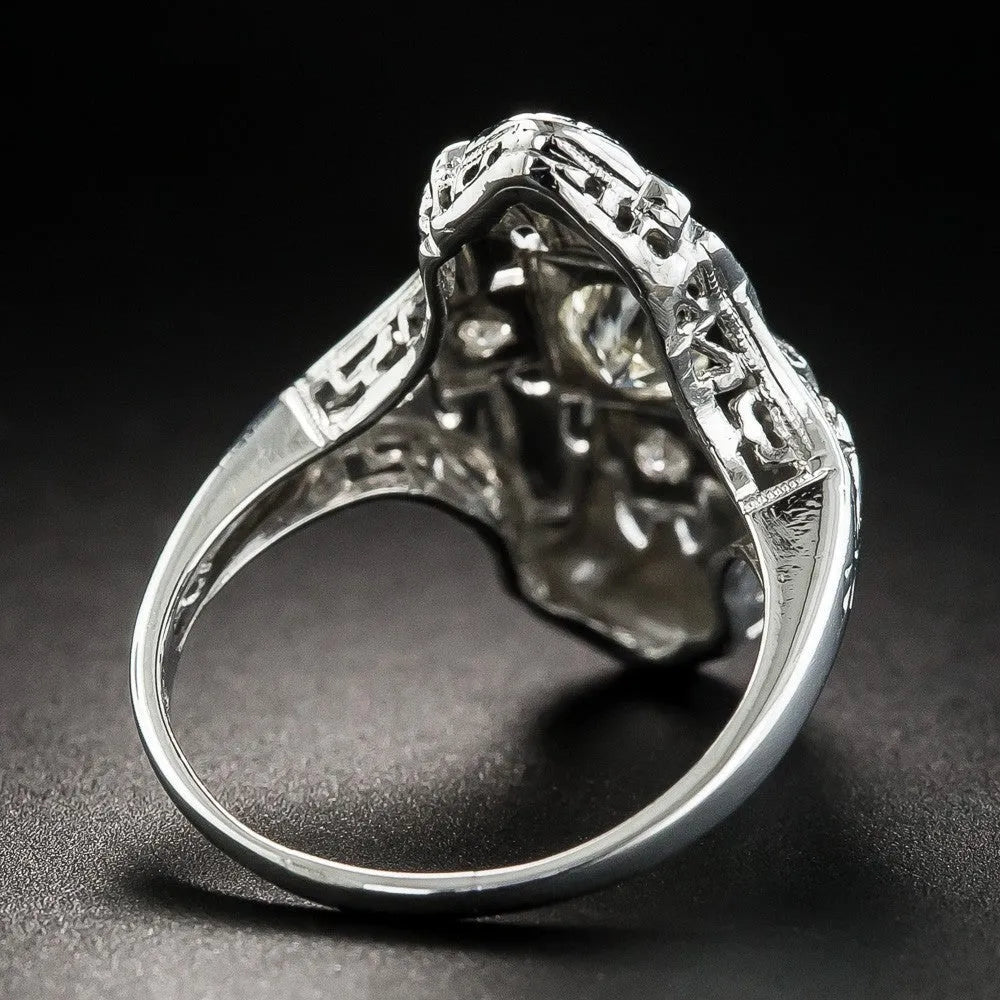 Copper ring with electroplated silver finish, hollow out geometry design and diamond studs