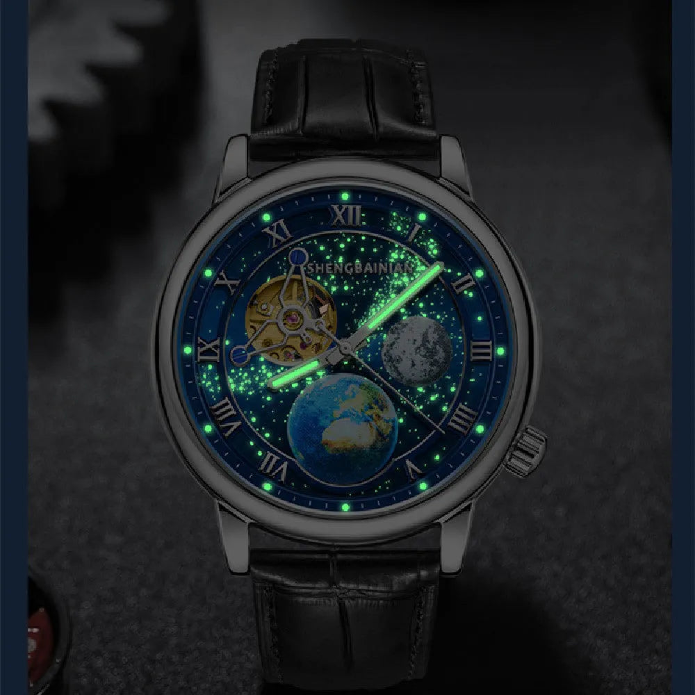 Men's mechanical watch with luminous starry dial, 43mm metal case, silver blue colour