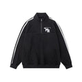 Black retro style men's stand collar hoodie jacket on a grey background.