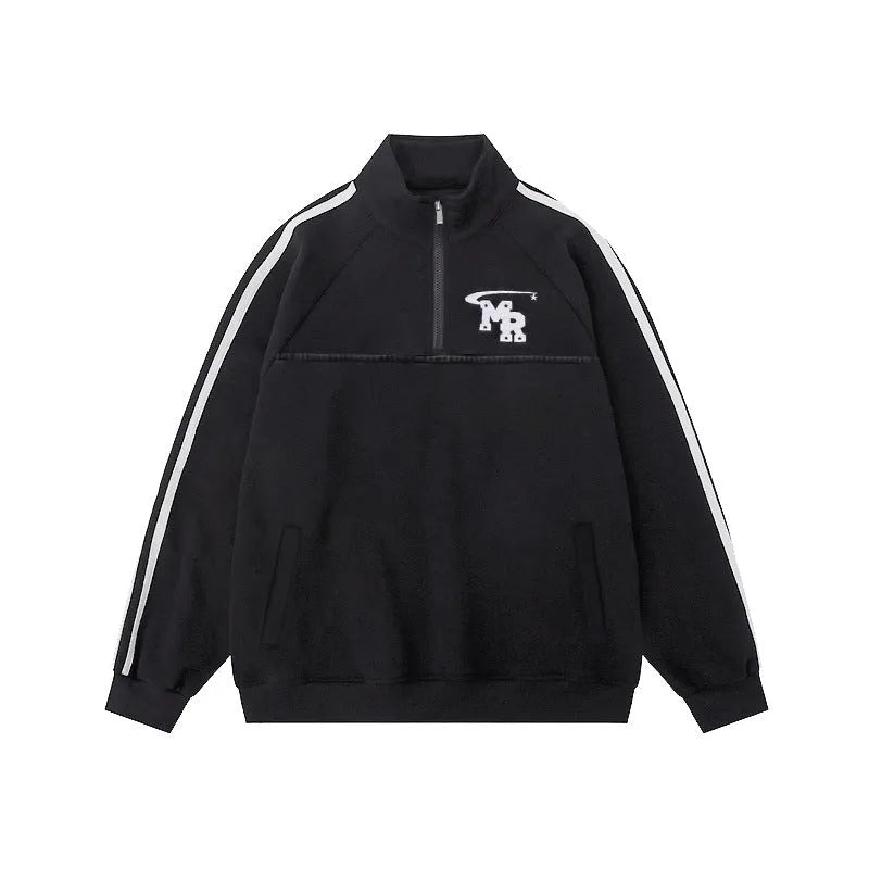 Black retro style men's stand collar hoodie jacket on a grey background.