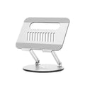 Silver aluminium alloy laptop stand showing height adjustment and rotation features