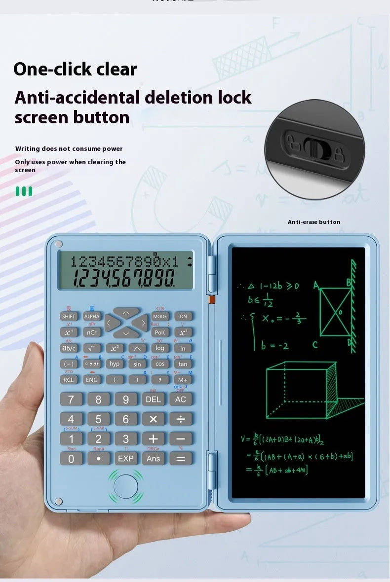 Plastic scientific calculator with handwriting board in black colour, measuring 162 x 82.2 x 18.3mm