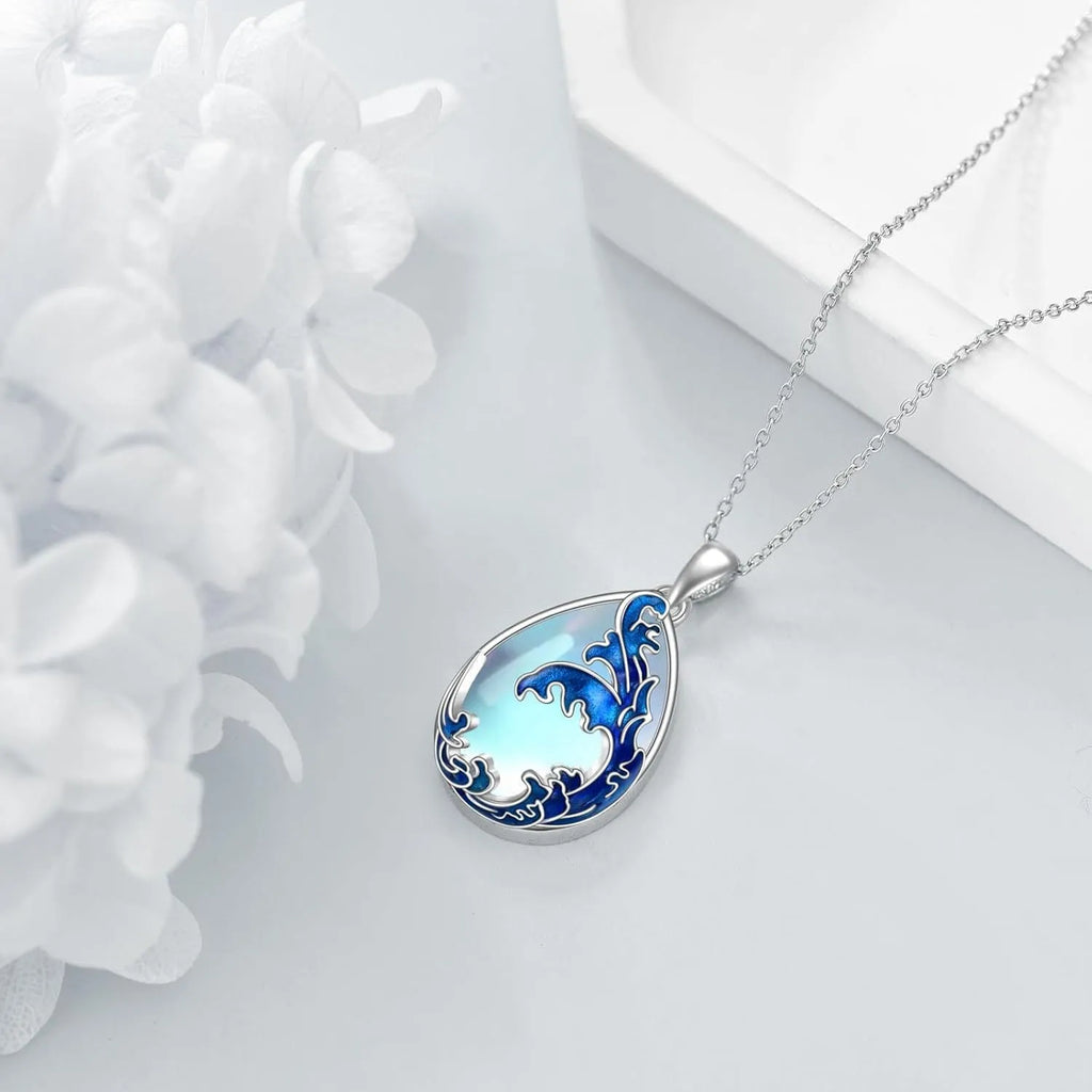 Blue heart-shaped alloy pendant necklace with love design elements on chain