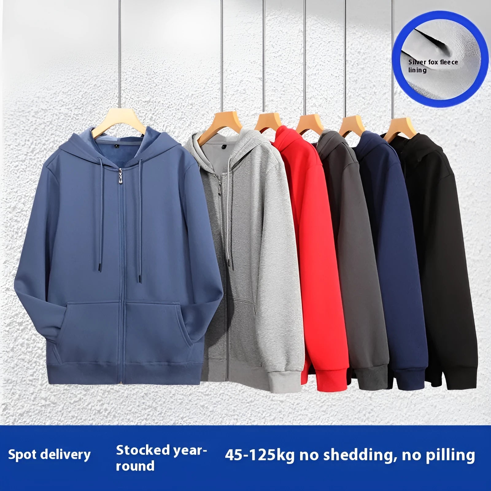 Men's heavyweight beige zip-up hooded cardigan with top-stitch pockets on a mannequin, plus size fit.