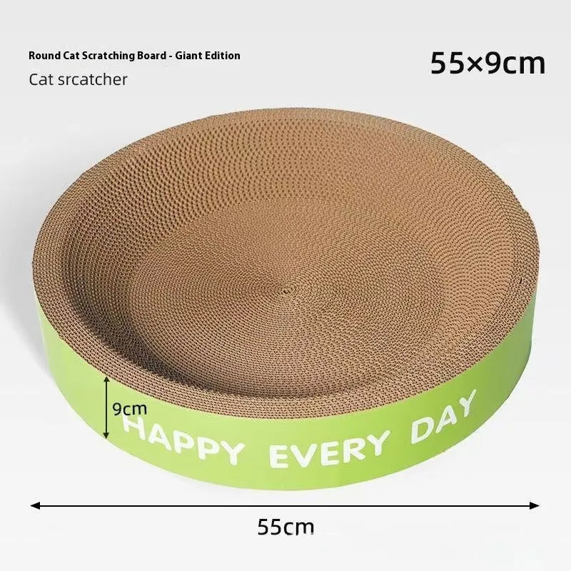 Green round cat scratching board nest bed with removable cushion, shown in 50cm and 55cm size options.