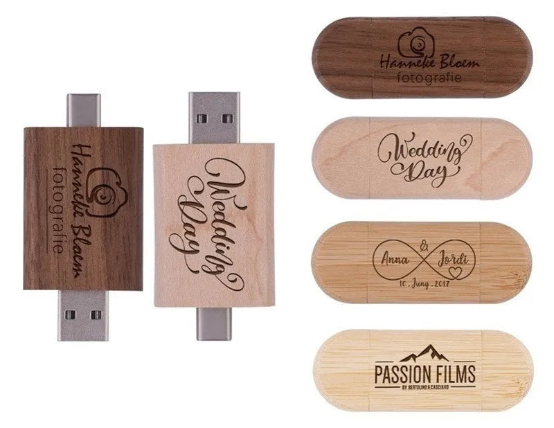 Wooden USB flash drive with carved maple box and USB-C connector for mobile phones