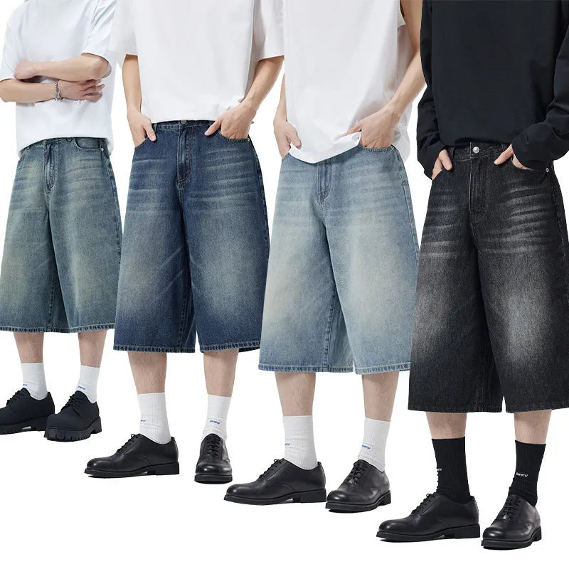 Men's light blue cotton denim loose-fit straight-leg summer shorts on a neutral background