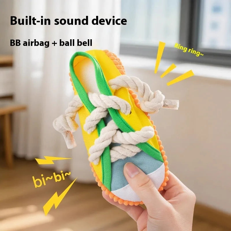 Dog sound slippers toy in plastic with squeaker for chewing relief