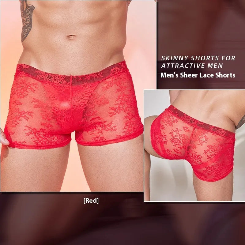 Men's black lace detail nylon boxers on a white background