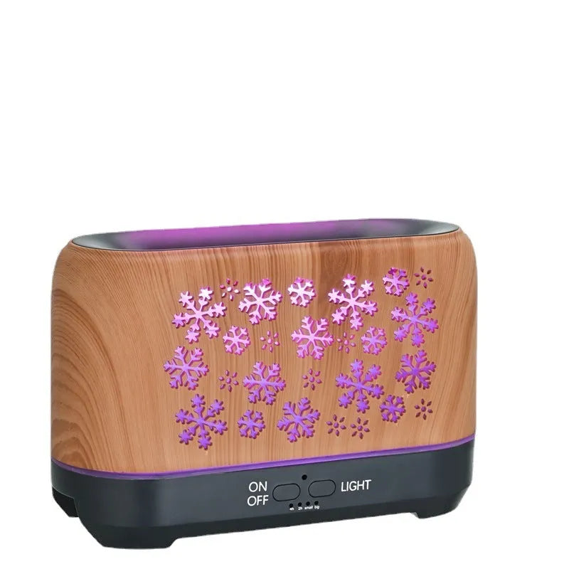 Square Christmas snowflake pattern aromatherapy diffuser with colourful flame effect lighting
