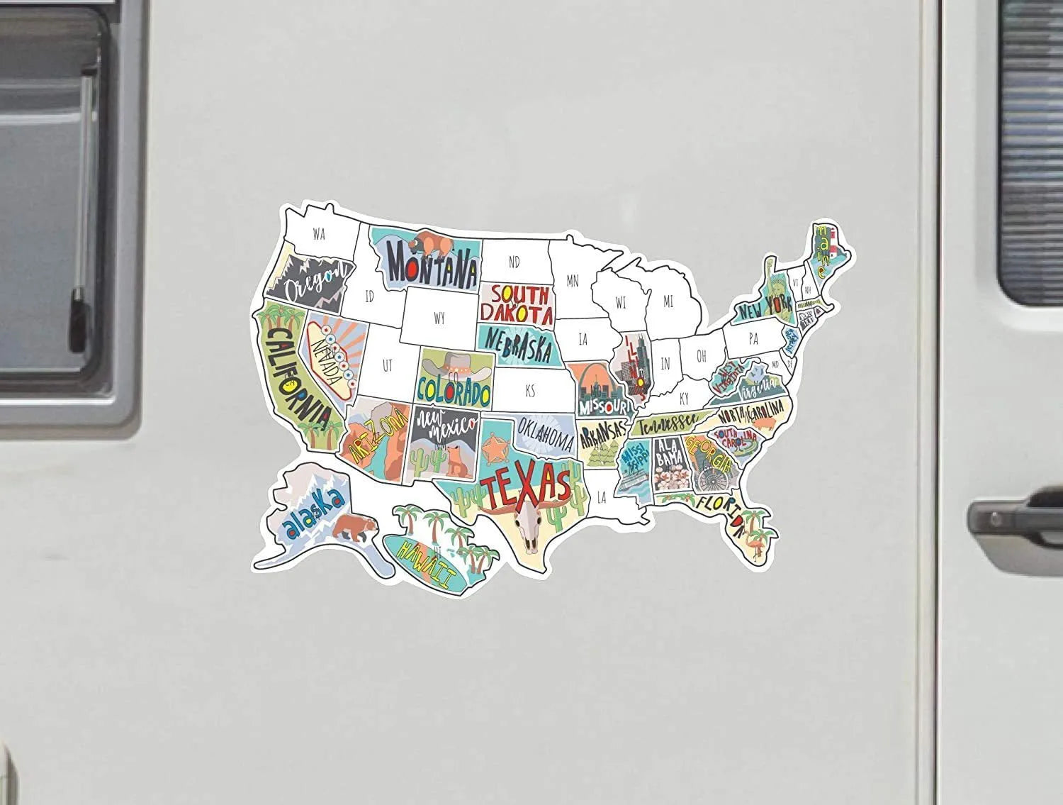 Travel-themed car sticker set with map graphics and vinyl lettering for vehicle decoration