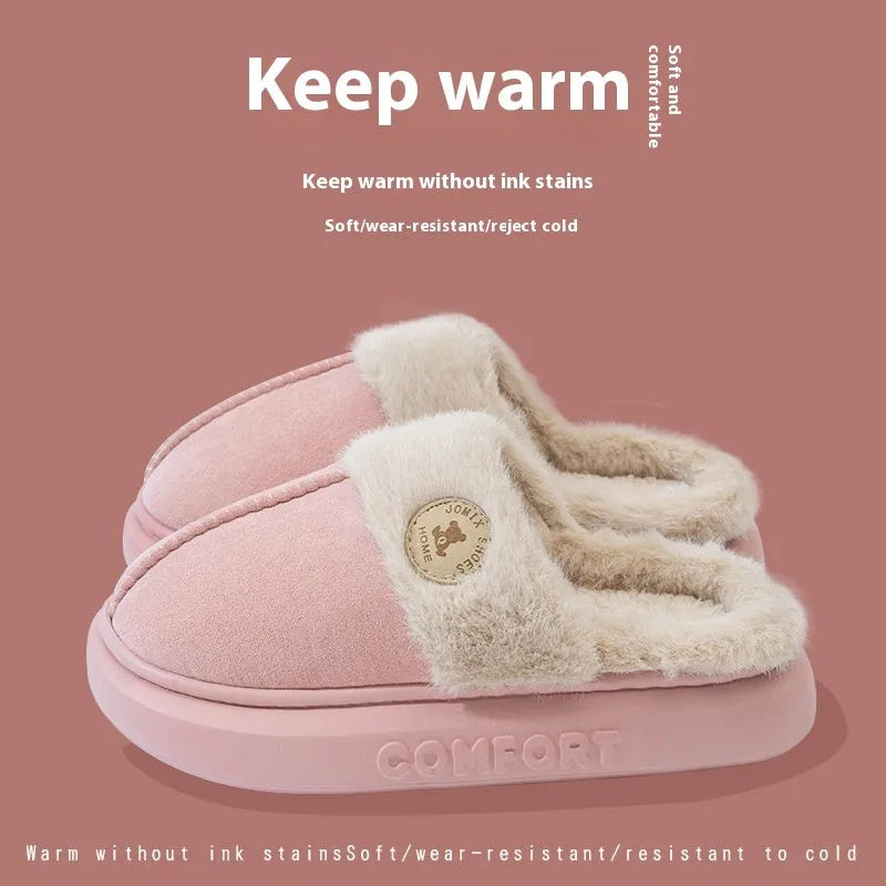 Fleece indoor slippers with thick PVC soles in various colours showing car stitching detail
