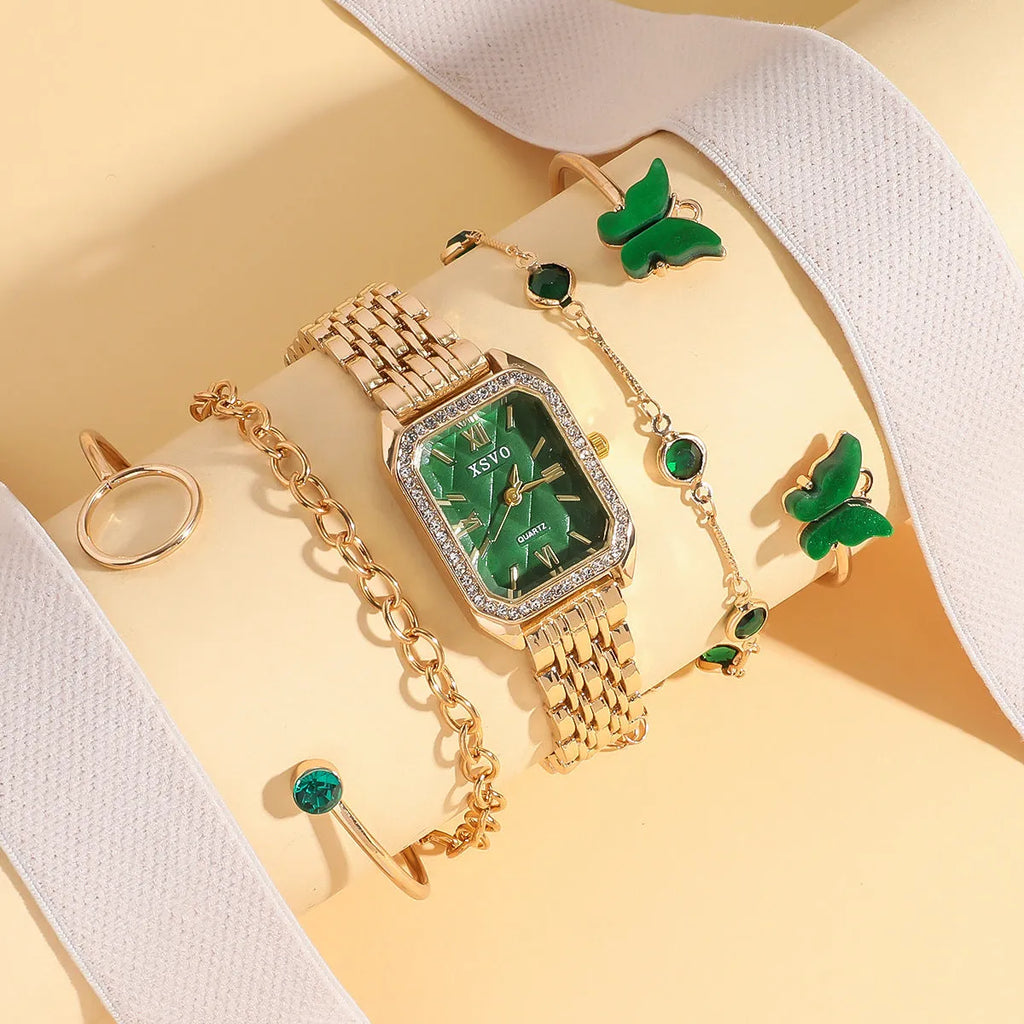 Gold green square women's watch with matching butterfly bracelets on wrist