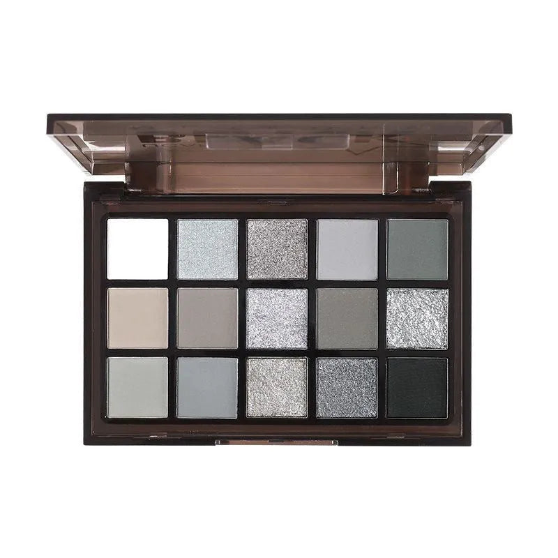 15-colour Night Elf eye shadow palette showing matte and shimmer pans in brown, blue, gray, and black shades.