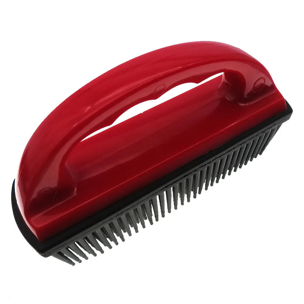 Red pet hair removal brush for bathing, massage and carpet cleaning measuring 160mm by 85mm