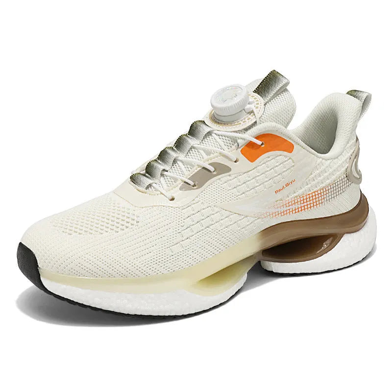 Men's white rotating button running shoes with breathable mesh upper and buckle fastening
