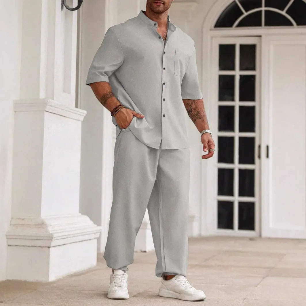 Men's linen cotton short sleeve button shirt with matching trousers casual set in three colours