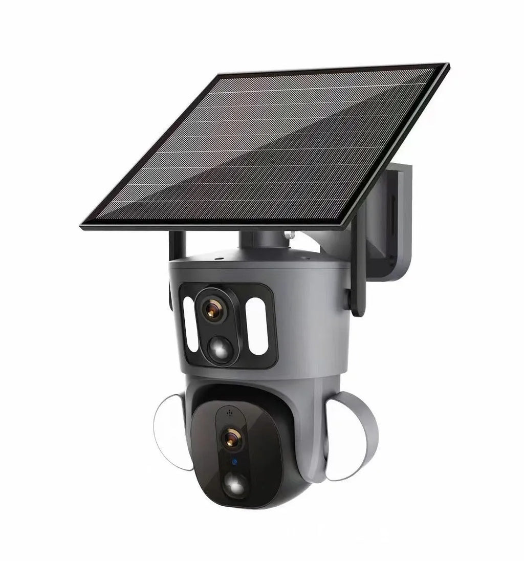 Solar binocular surveillance camera with three screens and integrated solar panel