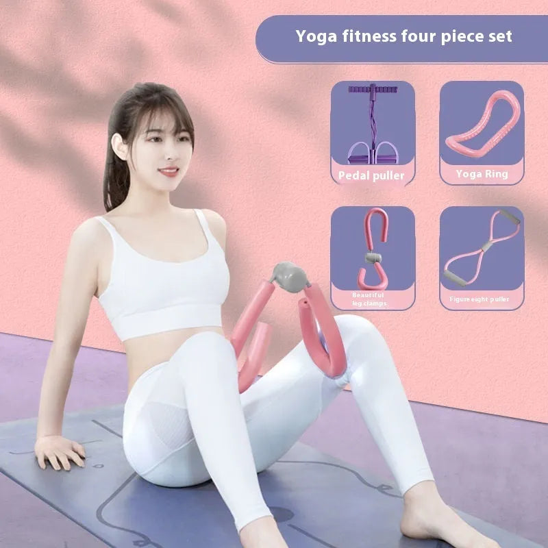 Yoga four piece fitness set with leg beauty device, yoga ring, pedal tension device, and figure eight tension rope