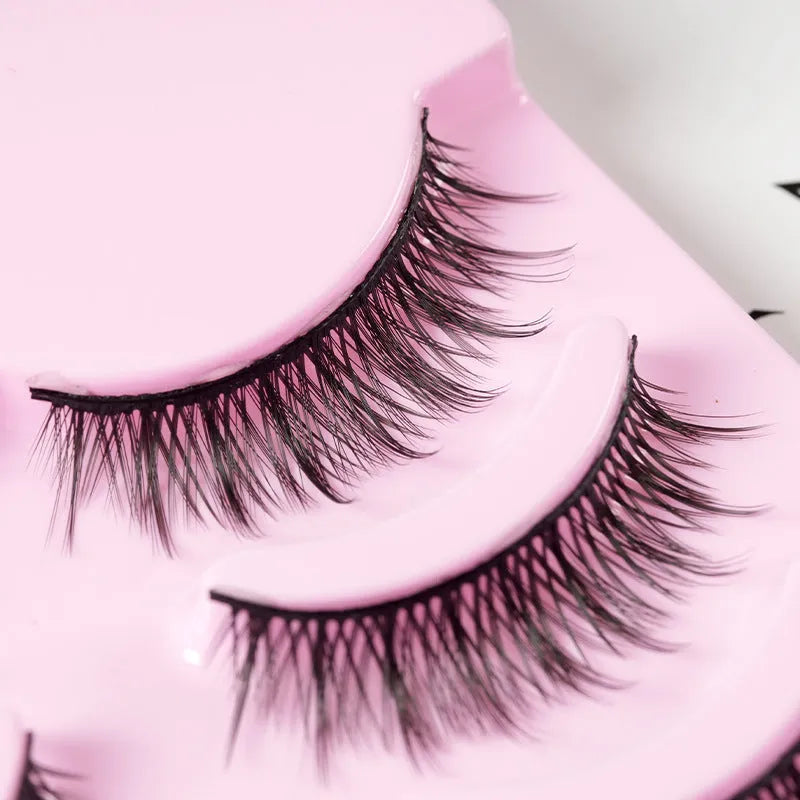 Pack of natural wispy Korean false eyelashes for anime cosplay, showing styles 007, 008, and 009.