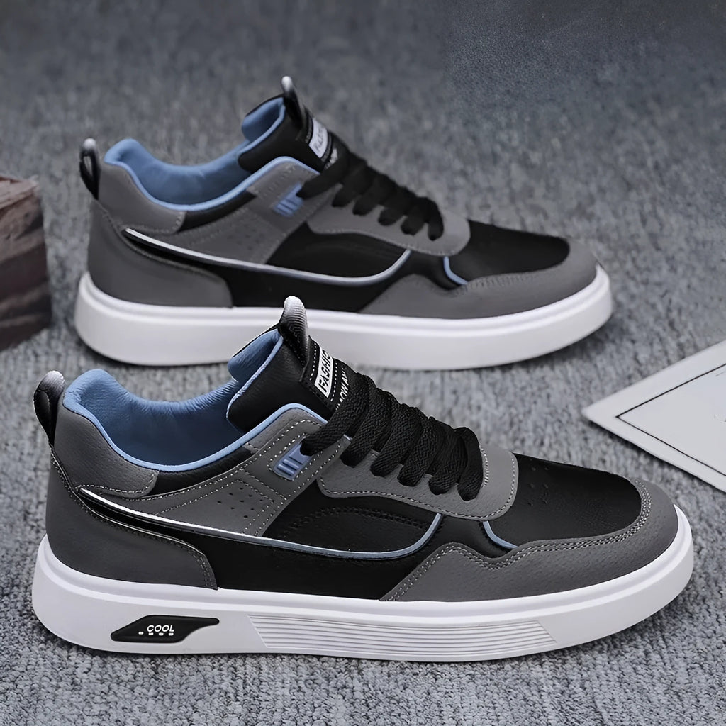 Men's low-top canvas board shoes with mesh lining in black, beige, and grey colours.