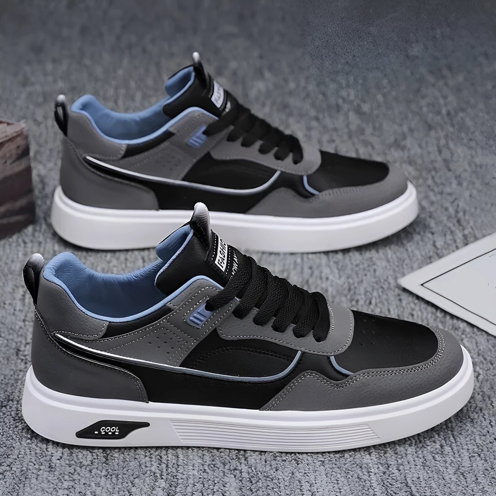 Men's low-top canvas board shoes with mesh lining in black, beige, and grey colours.