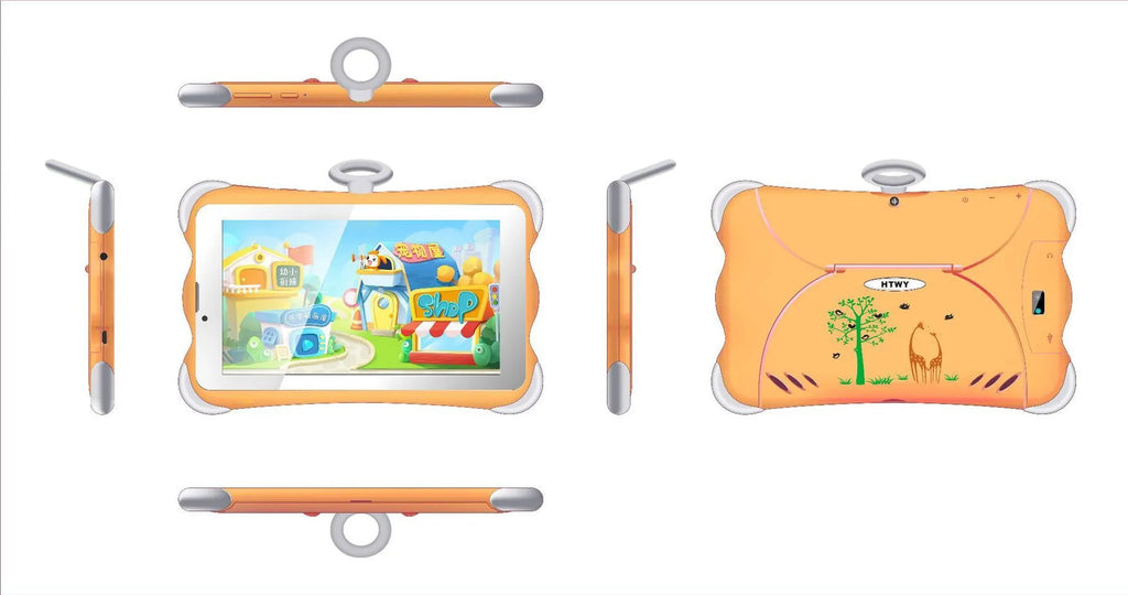 7-inch children's learning tablet with protective stand shown in cartoon blue colour displaying educational content