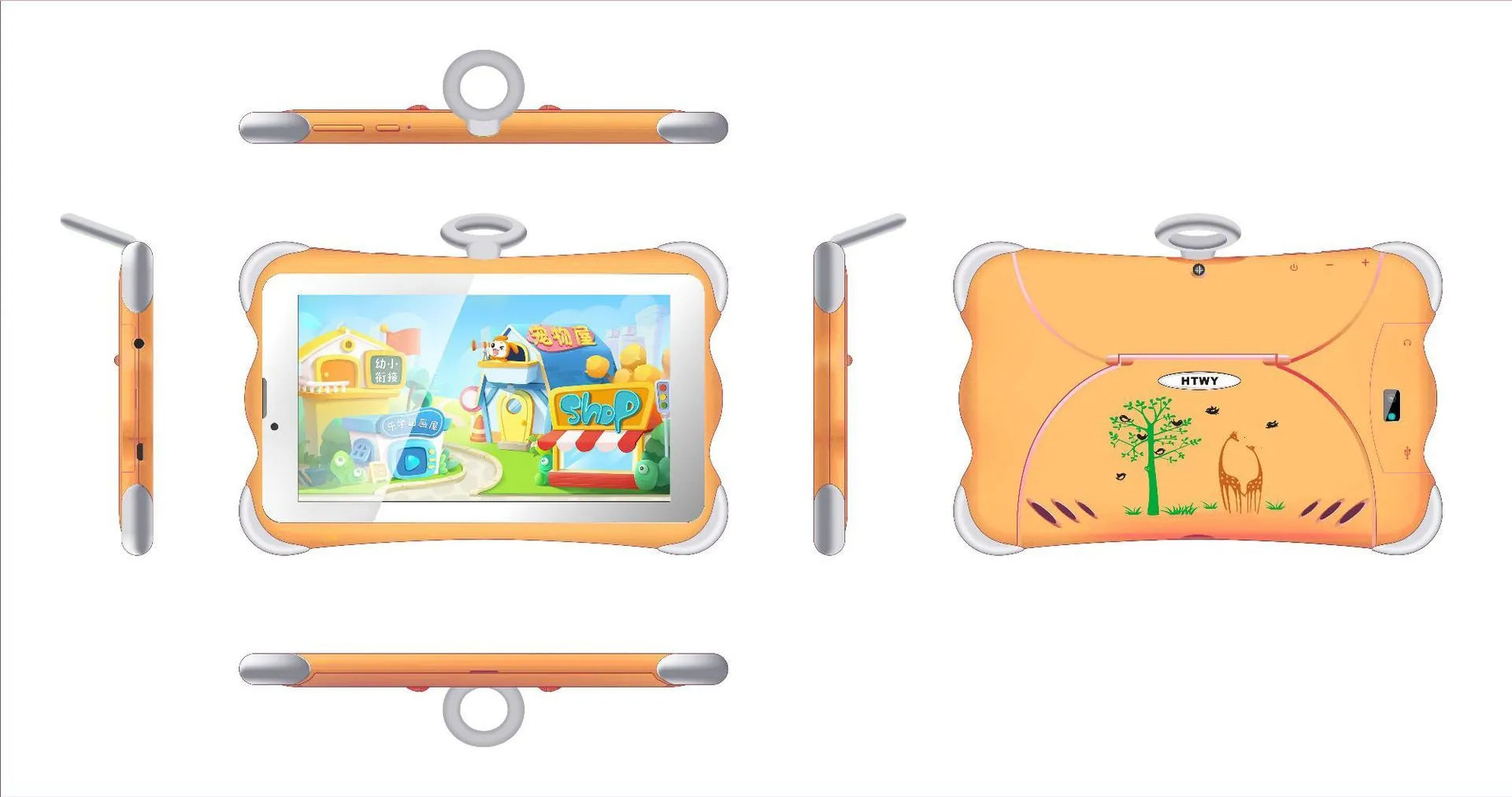 7-inch children's learning tablet with protective stand shown in cartoon blue colour displaying educational content