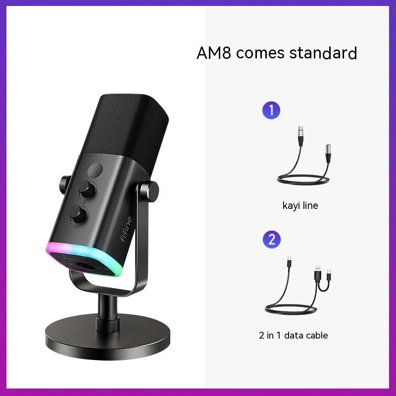 Dynamic noise reduction microphone in black, pink, or white with XLR cable and desktop base.