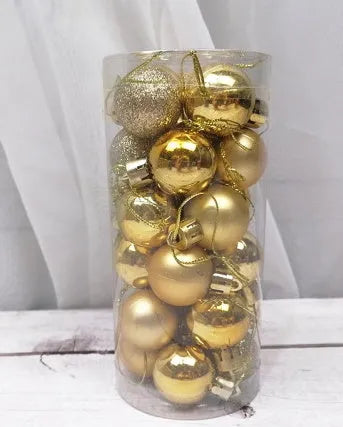 Assorted 3cm diameter electroplated plastic Christmas balls stored in a tall plastic barrel