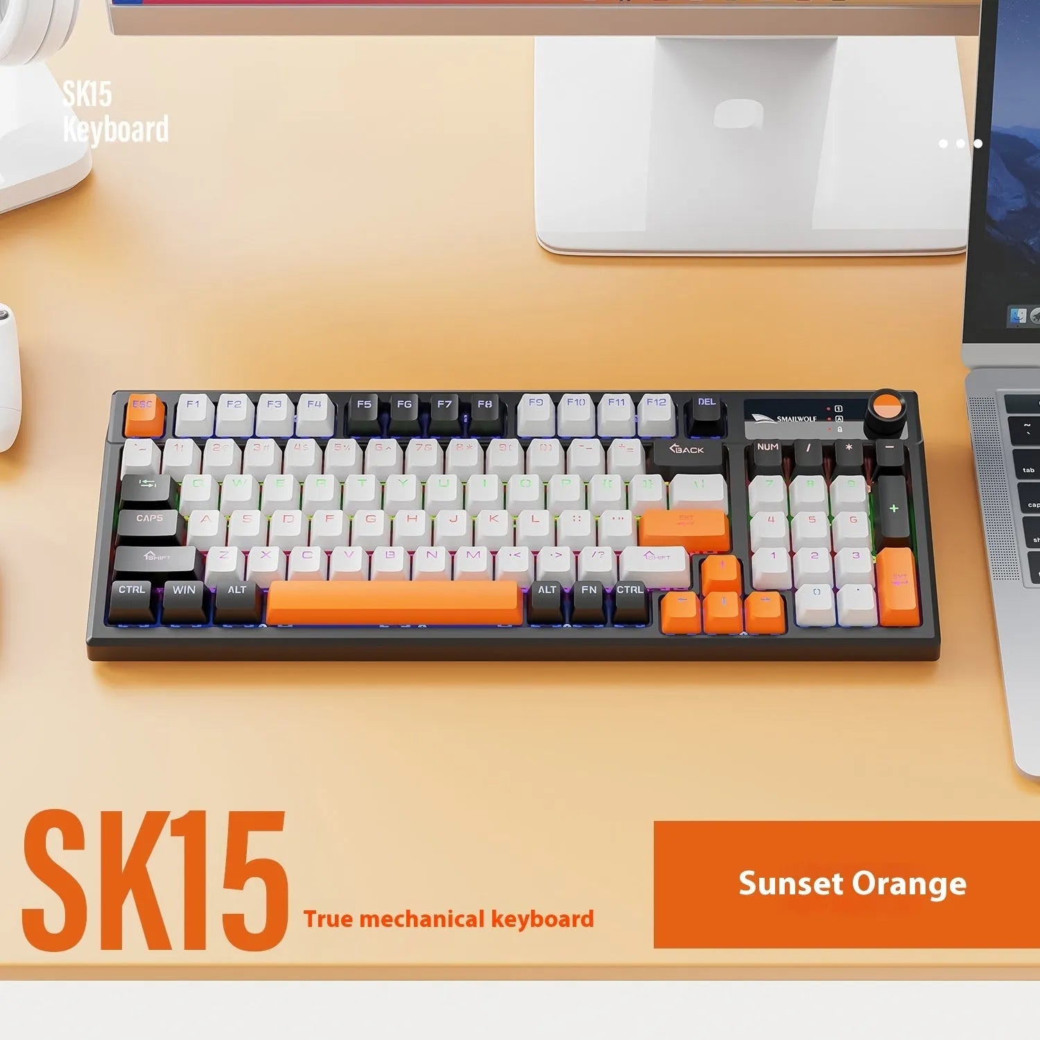 SK15 wired mechanical keyboard with volume knob in sunset orange colour beside laptop