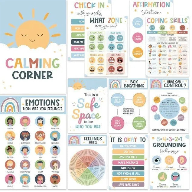 Set of 12 calm corner posters with puzzle-style design for classroom wall decoration