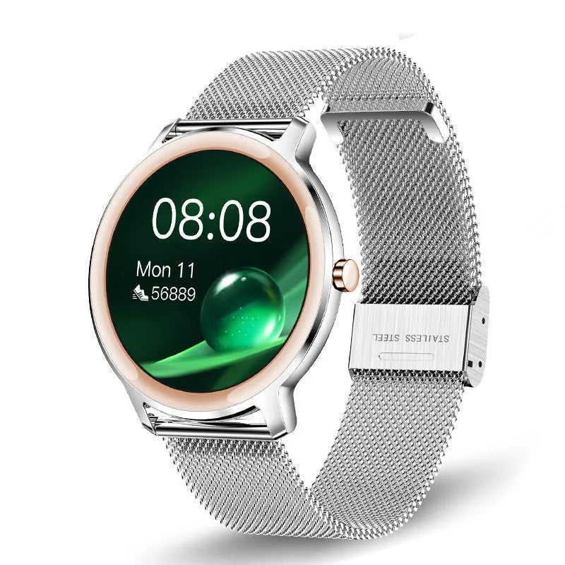 Women's waterproof smart watch with stainless steel mesh bracelet and 1.3 inch touch screen
