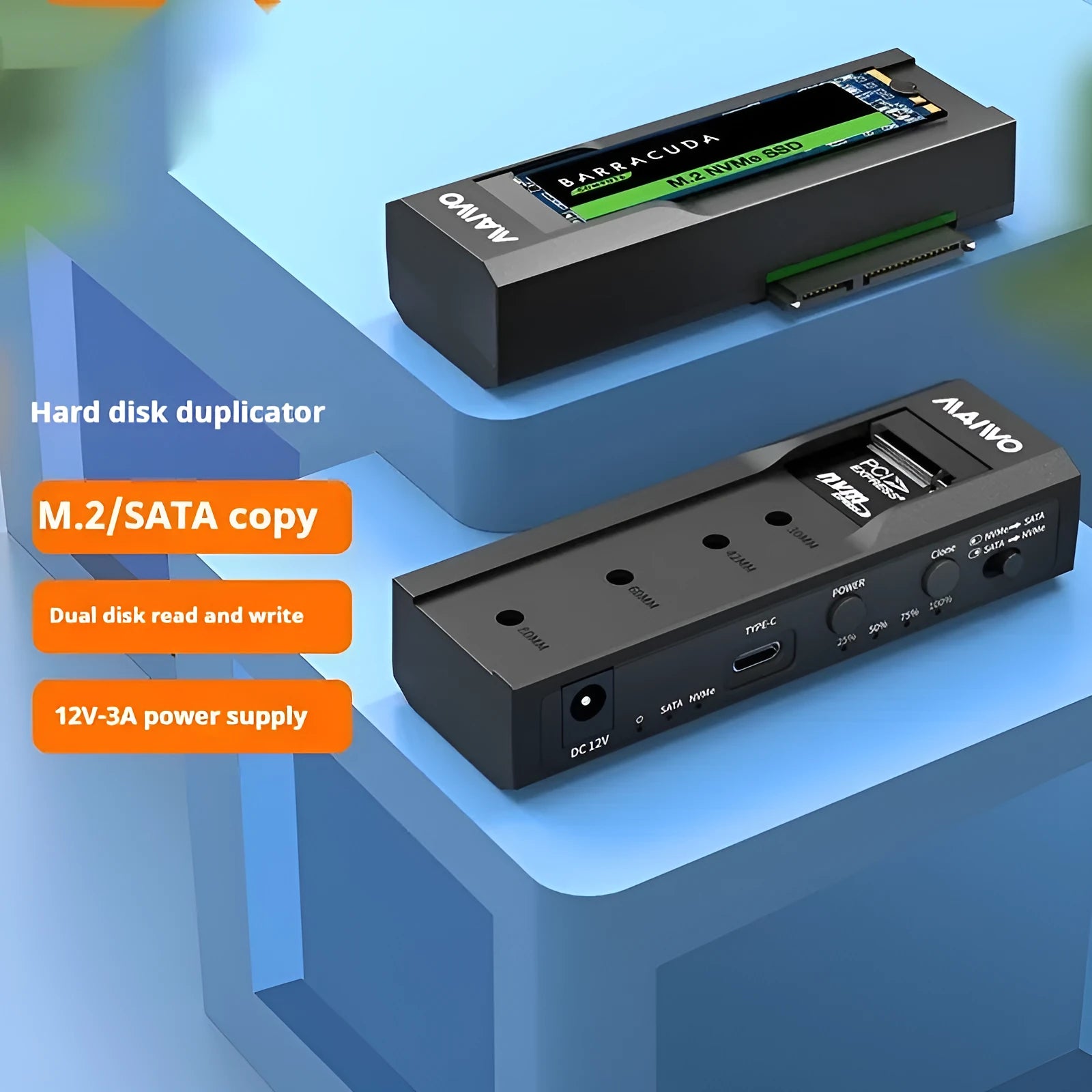 Black ABS plastic external hard drive enclosure for 2.5 inch SATA SSDs and HDDs.