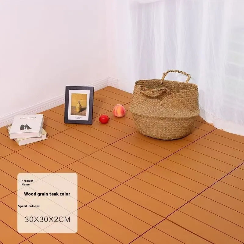 Pack of ten interlocking wood grain plastic floor tiles showing non-slip textured surface.