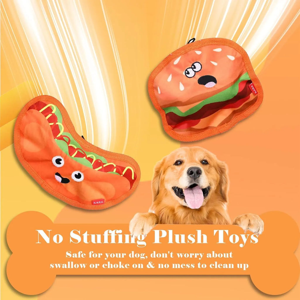 Colourful crinkle and squeaky dog chew toys shaped like a hamburger, fries, a hot dog, and a pizza on a plain background.