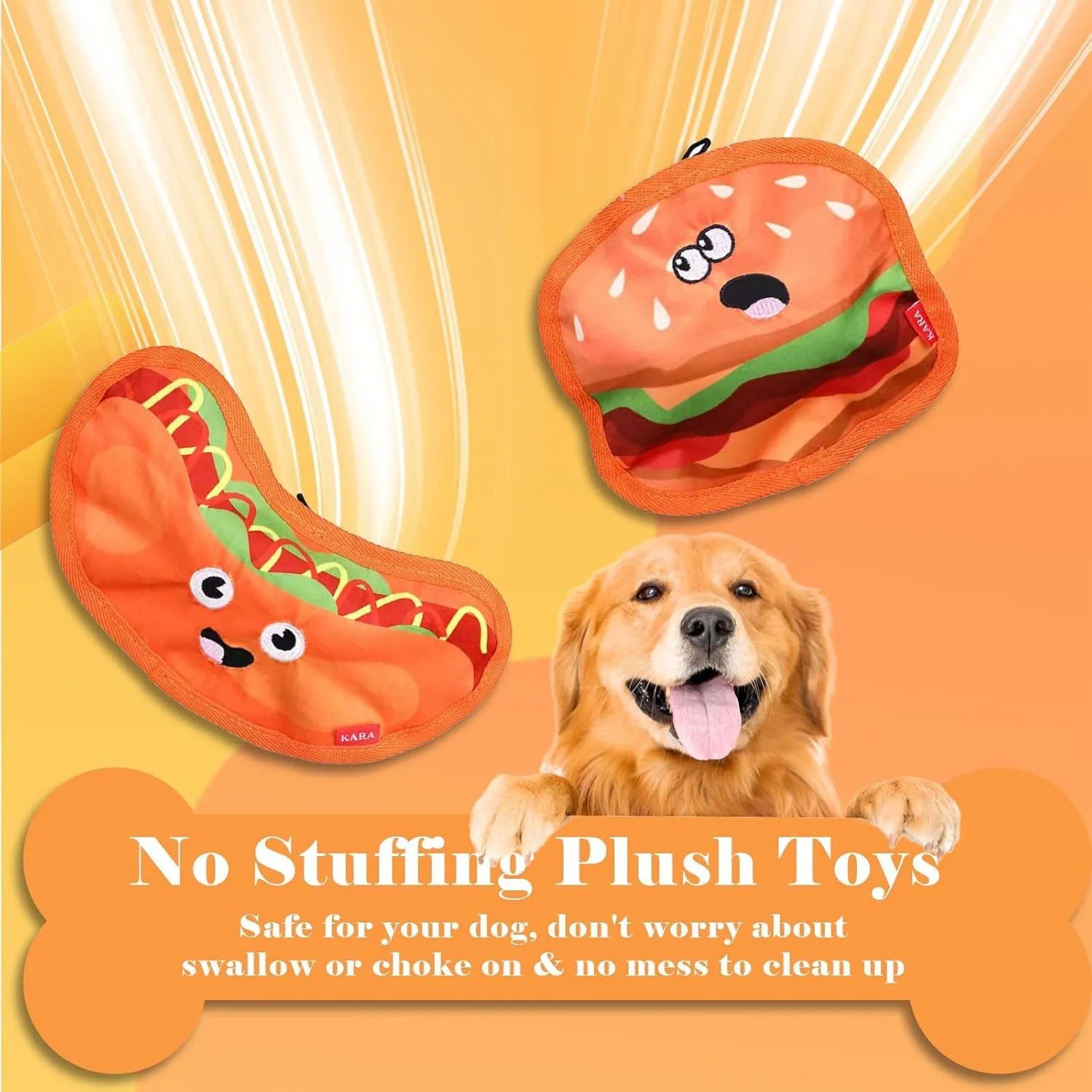 Colourful crinkle and squeaky dog chew toys shaped like a hamburger, fries, a hot dog, and a pizza on a plain background.