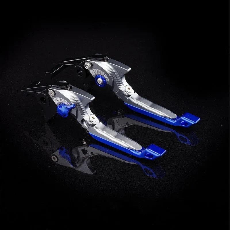 Pair of anodised metal motorcycle horn handle clutch levers with six-speed adjustable length, shown in a selection of colour finishes