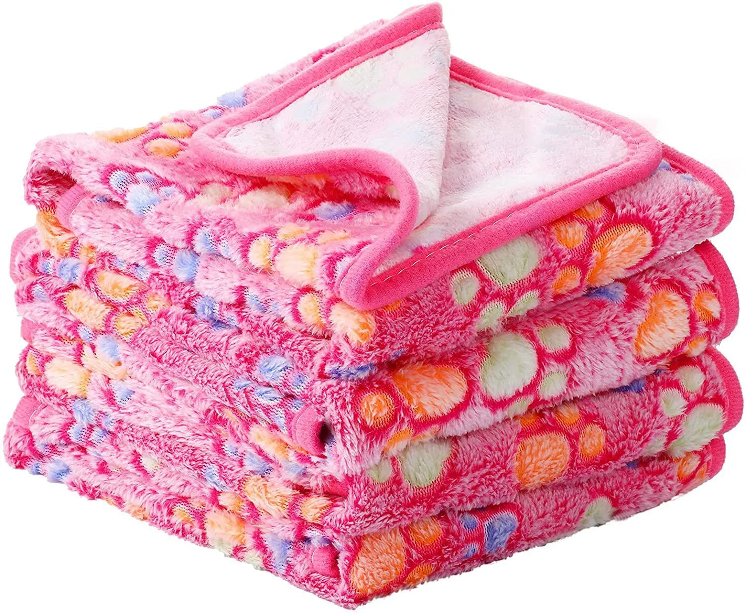 Coral fleece pet blanket with dog paw print pattern available in multiple colours and sizes for dogs and cats